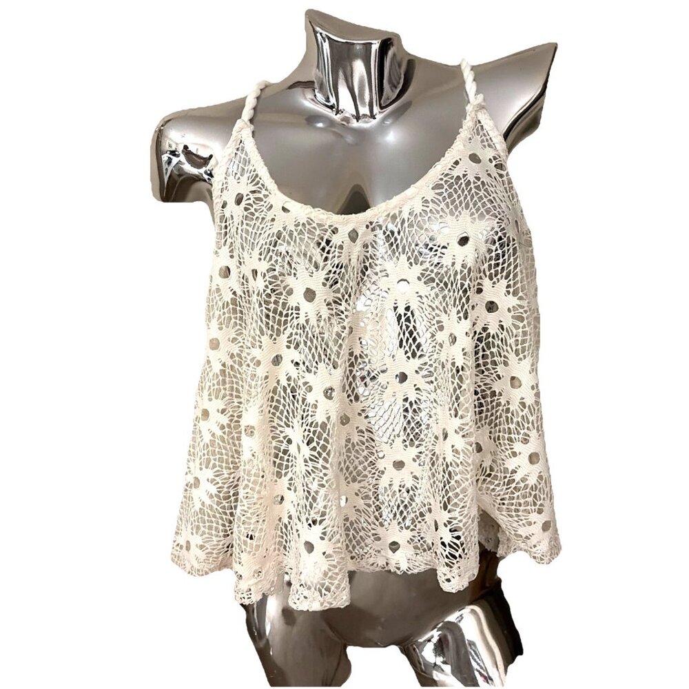 VTG Joyce Leslie Lace Halter Crop Top Size L Ivory Floral Sheer Fairy Whimsy